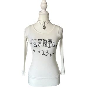 Y2K “Hysterics” White and Black Abstract Graphic Sheer Fitted Top